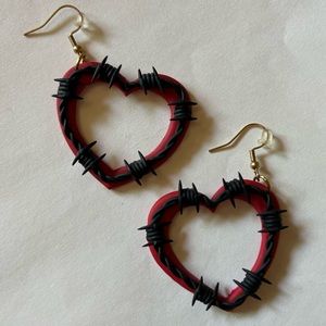 Black Barbed Wire Red Hearts handmade Clay Earrings